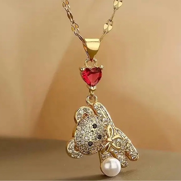 Jewelry - Gold Teddy Bear Pendant Necklace with Red Heart.